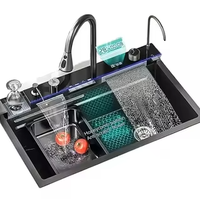 Ensemble d'évier de cuisine à cascade en acier inoxydable 201 fait à la main, robinet extractible à une cuvette, surface nano pour bassin de légumes à la maison