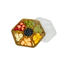 Boîte d'emballage pour noix hexagonales et fruits secs, boîte alimentaire en plastique PET recyclable, plateau alimentaire à 7 compartiments, boîte d'emballage dorée avec couvercle transparent