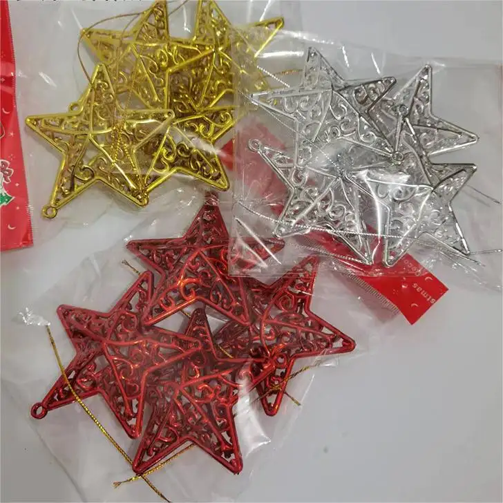 Goodseller 4pcs set gold silver red colors 8cm hanging a five-pointed decoration hollow christmas stars for tree