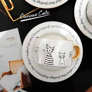 <span class=keywords><strong>Tasse</strong></span> à <span class=keywords><strong>expresso</strong></span> et soucoupe en porcelaine pour chats à rebord doré européen personnalisé, cadeau d'affaires avec couvercle pour l'eau - Product Image 4