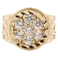 Großhandel Goldfarbener Ring mit Nugget-Textur und Zirkonia-Cluster für Herren, Perlenrand, Schwerer Gravur-Schmuck, Unisex Statement-Fingerring