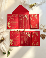 Ensemble d'invitations de mariage chinoises pliables rouges personnalisées avec feuille d'or, dragon et phénix, bilingues, traditionnelles, orientales, en velours