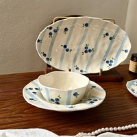 Set Perlengkapan Makan Keramik Porselen Desain Baru Gaya Ins Lukisan Tangan Motif Blueberry, Termasuk Piring dan Mangkuk