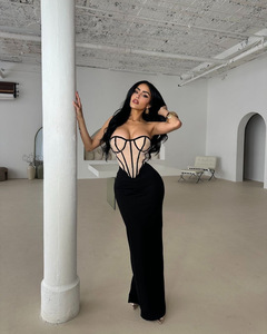 New Trend Sexy Apricot Mesh Fishbone Patchwork French <b>Black</b> Hip Hugging Long Skirt Sexy and Fashionable Women's Long Skirt - Product Image 1