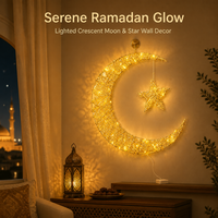 Guirlande lumineuse LED dorée à paillettes en fil de fer, motif lune et étoile, avec boîte à piles, lumière chaude, durable pour usage intérieur, pour Ramadan et Aïd