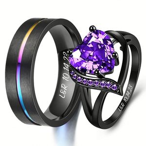 YBcustom 2 Buah Cincin Cetak Teks Pribadi untuk Pasangan Cincin Zirocn Hati Pernikahan Nama Terukir Kustom - Product Image 3