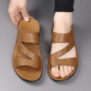 Men Genuine Leather <b>Slip</b>-On <b>Slides</b> Open Toe Rubber Outsole Anti <b>Slip</b> Casual Summer Sandals - Product Image 3