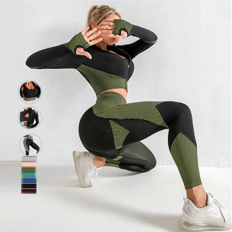 Conjunto de roupa de academia sem costura feminina, 3 peças, para exercício, manga longa, yoga, fitness, atacado, tamanho grande