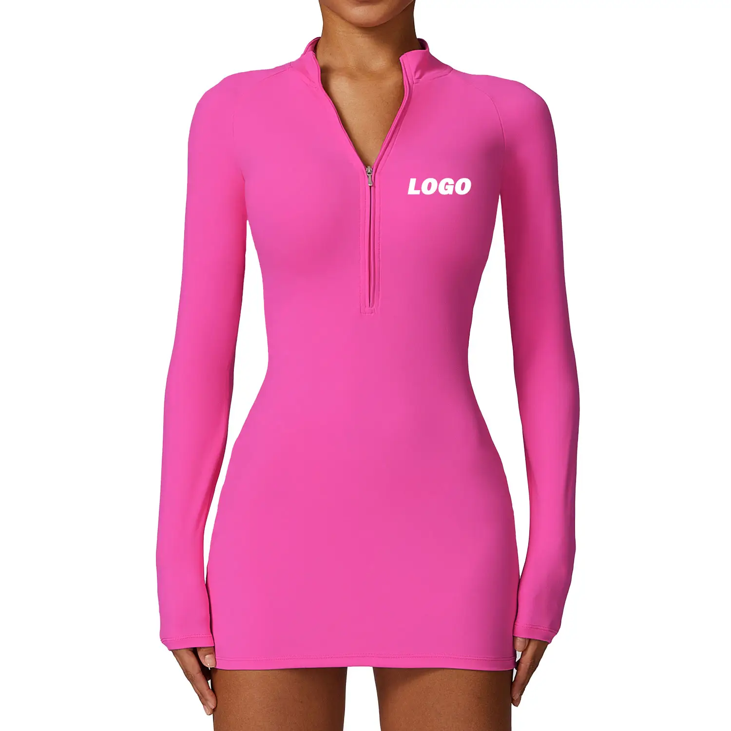 Custom Solid Long Sleeves High Neck Zipper Fitness Bodycon Sexy Stretchy Dresses Workout Running Women Fashion Casual Tennis Set