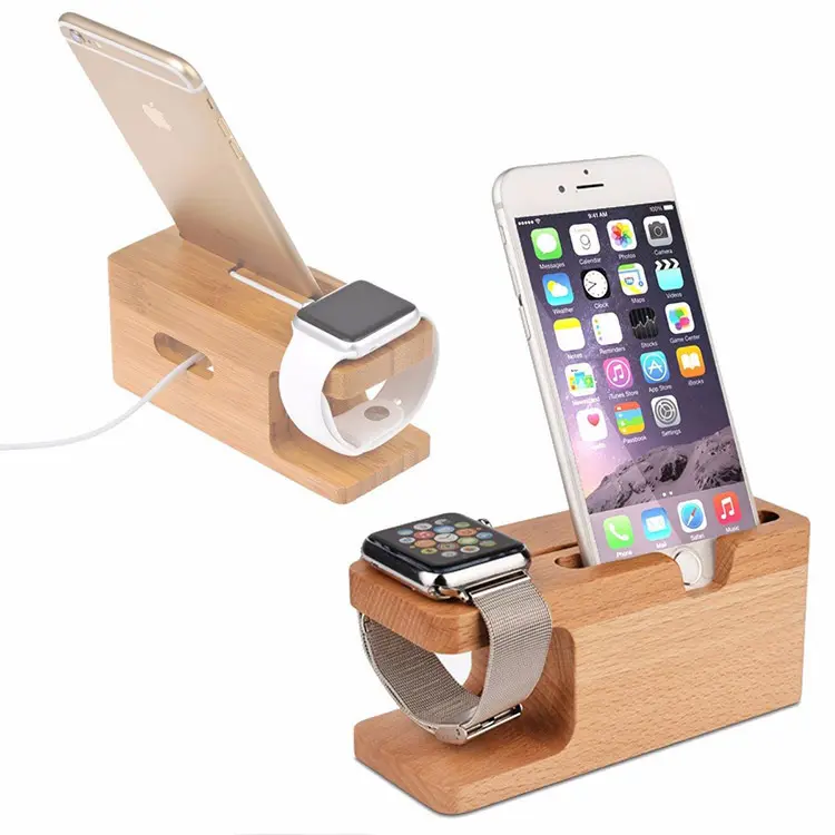 2 In 1 Wooden Watch Stand For Apple Watch Charging Bamboo Wood Phone Holder wooden charging station