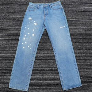 <span class=keywords><strong>Jeans</strong></span> a Gamba Dritta Azzurro Chiaro Personalizzati in Denim <span class=keywords><strong>Premium</strong></span> Lavato con Stampa a Stelle per uno Stile Streetwear Personalizzato - Product Image 1