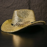 Chapeaux de cowboy personnalisés en gros avec paillettes dorées, bande en cuir noir, pour festivals de musique country et rodeo, pour femmes