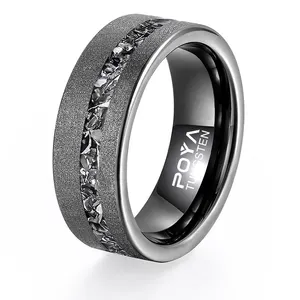 POYA Aniversário Jóias 8mm Sandblastedgunmetal Meteorito inlay Anel De Tungstênio para Homens Presente Único