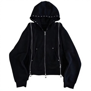 Ensemble 2 pièces personnalisé pour homme : Sweat à capuche surdimensionné zippé avec strass et pantalon de survêtement évasé à rivets, style Hip Hop Streetwear, Vente en gros OEM - Product Image 3