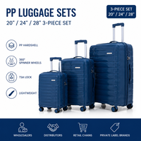Valises personnalisées avec logo, 20, 24, 28 pouces, coque rigide en PP, bleu foncé, ensemble de voyage, coque côtelée, poignée télescopique