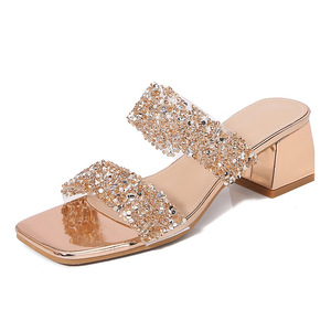 Sandales élégantes à talons carrés en strass, à enfiler, pour femme, idéales pour l'été, livraison directe - Product Image 1