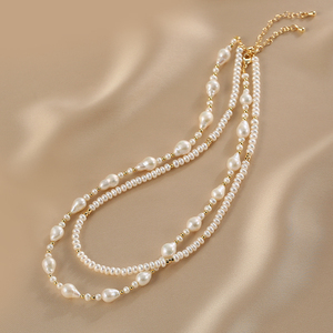 Collar de Mujer de Plata 925 con Perlas Redondas Naturales de Doble Capa Retro de 1492 - Product Image 1