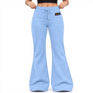 Pantalon évasé taille haute bleu clair pour femme, décontracté, en tricot, longueur intégrale, avec cordon de serrage, couleur unie, coupe ample, pour l'automne - Product Image 1