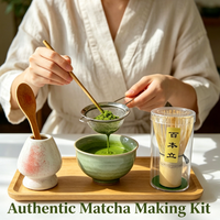 Lot de 5 ustensiles de cérémonie du thé japonais en gros : Fouet en bambou à 100 dents, Bol en céramique, Cuillère, Tamis et Support – Kit traditionnel pour la cérémonie du thé
