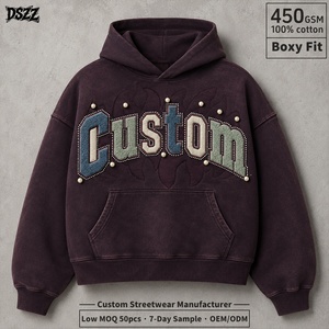 Sudadera con Capucha de 450GSM 100% Algodón, Corte Holgado, Lavado Vintage, Apliques de Chenilla, Perlas y Diamantes de Imitación, Fabricante de Ropa Urbana de Lujo Personalizada, OEM ODM - Product Image 1