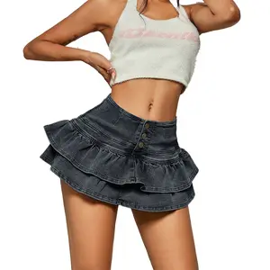 Custom Fashion Streetwear Ladies Washed Denim Mini Skirt Casual Solid Layered Hem Women Denim Skirt