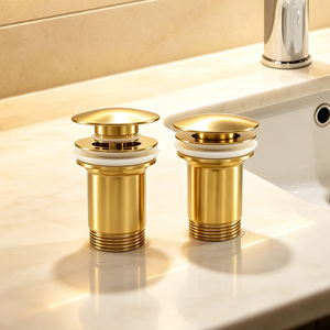 Sifone a scomparsa per lavabo in acciaio inossidabile, con nucleo in ottone, finitura oro spazzolato, <span class=keywords><strong>scarico</strong></span> a click-clack, tappo grande da 66mm G1-1/4, con fessura, anti-odore, per hotel - Product Image 1