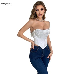 Tessuto satinato sovrastato corsetto da donna Crop <span class=keywords><strong>Top</strong></span> <span class=keywords><strong>bianco</strong></span> perla con perline da sposa con corsetto bustino con cerniera - Product Image 4