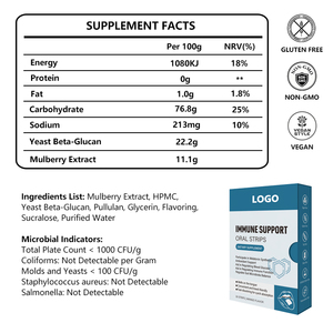 Oem Vegan chăm sóc sức khỏe bằng miệng màng mỏng bổ sung đường Miễn phí Hỗ trợ miễn dịch bằng miệng Dải với men <span class=keywords><strong>Beta</strong></span>-<span class=keywords><strong>Glucan</strong></span>/Dâu tằm chiết xuất - Product Image 2