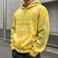 Yingling Sweat à capuche zippé en coton vintage, brodé avec appliqué, ourlet brut, effet délavé, coupe courte, personnalisable OEM ODM, unisexe