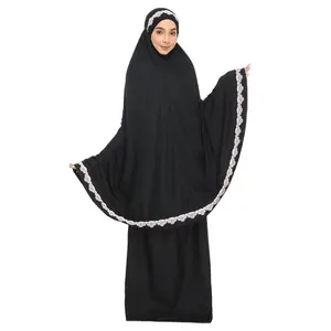 SIPO 2023 new Ramadan Eid Silk Fabric Telekung Border Embroidery Moderate Khimar Hijab Abaya Jilbab 2 Pieces Muslim