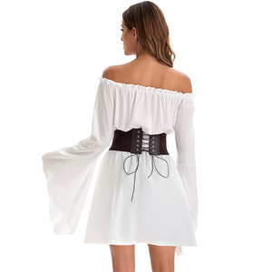 Vestido Renacentista Blanco con Hombros Descubiertos para Mujer, con Cinturón de Corsé Marrón, Manga Larga, Disfraz - Product Image 2