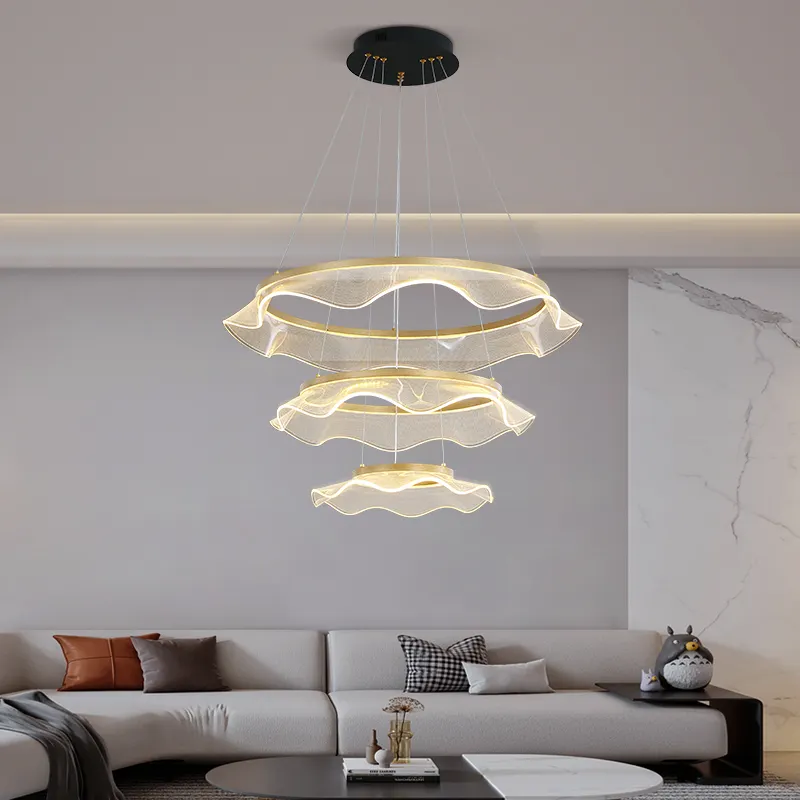 Ready To Ship No MOQ Fancy Circular LED Ceiling Lights Art Golden Rings Acrylic Edge Ceiling Pendant Lamp Lighting Chandelier