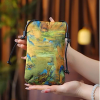 Sac bandoulière mini en toile style chinois pour femme, pochette vintage à cordon avec imprimé paysage, petit porte-téléphone, portefeuille de cou