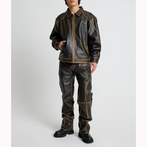 D-ring sul passante della cintura resistente in tessuto <span class=keywords><strong>con</strong></span> cuciture a contrasto a vita bassa e rilassata <span class=keywords><strong>con</strong></span> cinque <span class=keywords><strong>tasche</strong></span> Unisex <span class=keywords><strong>pantaloni</strong></span> in finta pelle - Product Image 4