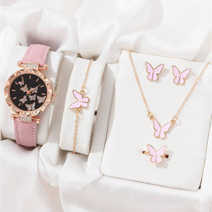 New 5pcs/<strong>set</strong> <strong>Women's</strong> Explosion-Proof Digital Strap <strong>Watch</strong> Fashionable Simple Design Butterfly Pattern Stainless Steel Quartz - Product Image 1