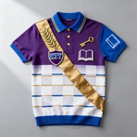 Pull tricoté personnalisé à manches courtes pour fraternité, motif écossais violet et bleu, broderie de badge, pour homme