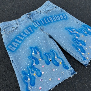Custom Print Logo Cut Edge Denim 3D Print Rhinestone Raw Hem Straight Woven Summer Casual Distressed Streetwear Jean Shorts - Product Image 6