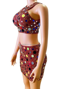 Little Red Tight Sexy Mesh Split Waist Full Diamond Wrapped Hip Falda corta Cantante Dance Team Performance Costume - Product Image 2
