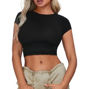 FOXA Camiseta corta de manga corta con ribete de encaje para mujer, camiseta básica, ropa informal de verano - Product Image 1