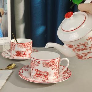 Service à thé royal européen série D le plus vendu, élégant, rouge, en céramique, pour le thé de l'après-midi, vaisselle en porcelaine fine avec soucoupe - Product Image 4