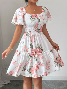 Vestido Midi para Mujer con Estampado Floral, Elegante, Transpirable, Corte en A, Holgado, Cuello Cuadrado, Manga Corta, Estilo Casual, Natural - Product Image 4