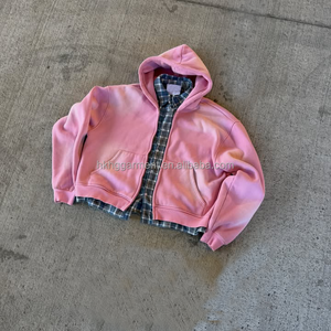 Sudadera con capucha de franela con patchwork, fabricante personalizado, alta calidad, 100% algodón, camisa de franela con empalmes, lavada, doble capa, con cremallera, para hombre - Product Image 1