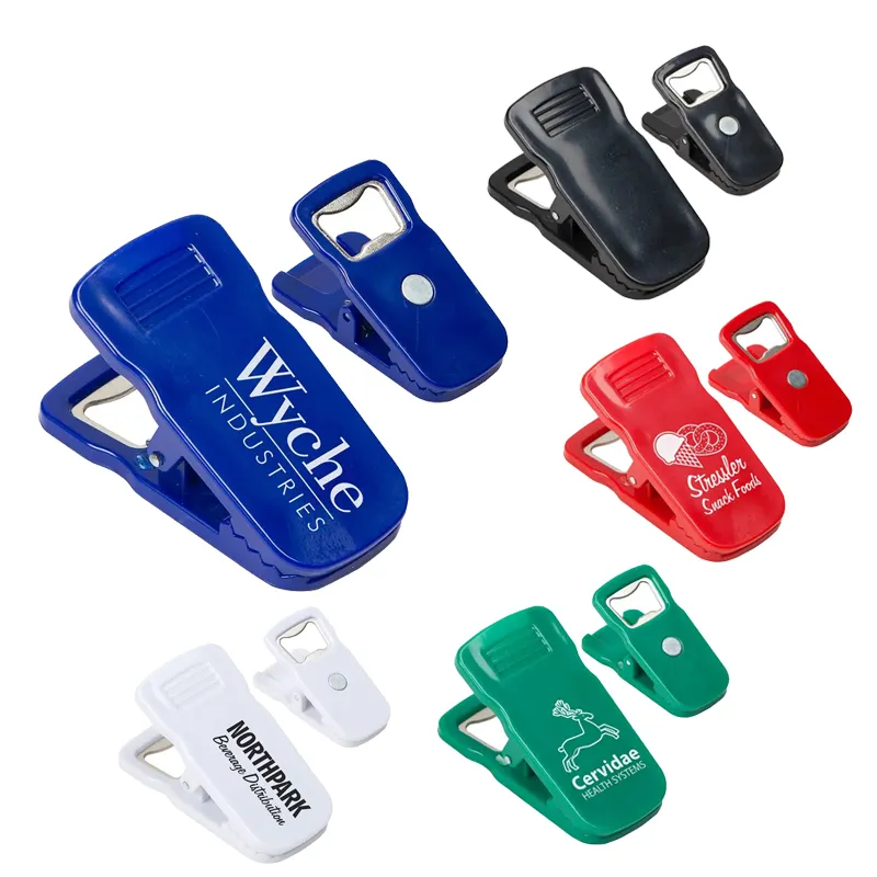 Clip per messaggi multifunzione in plastica con potente magnete e apribottiglie per birra con logo stampato