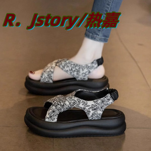 R. Jstory Sandales romaines pour femmes, semelle épaisse, antidérapantes, chaussures de plage, bout rond, dessus en coton, bande élastique, sandales plates décontractées d'été - Product Image 4