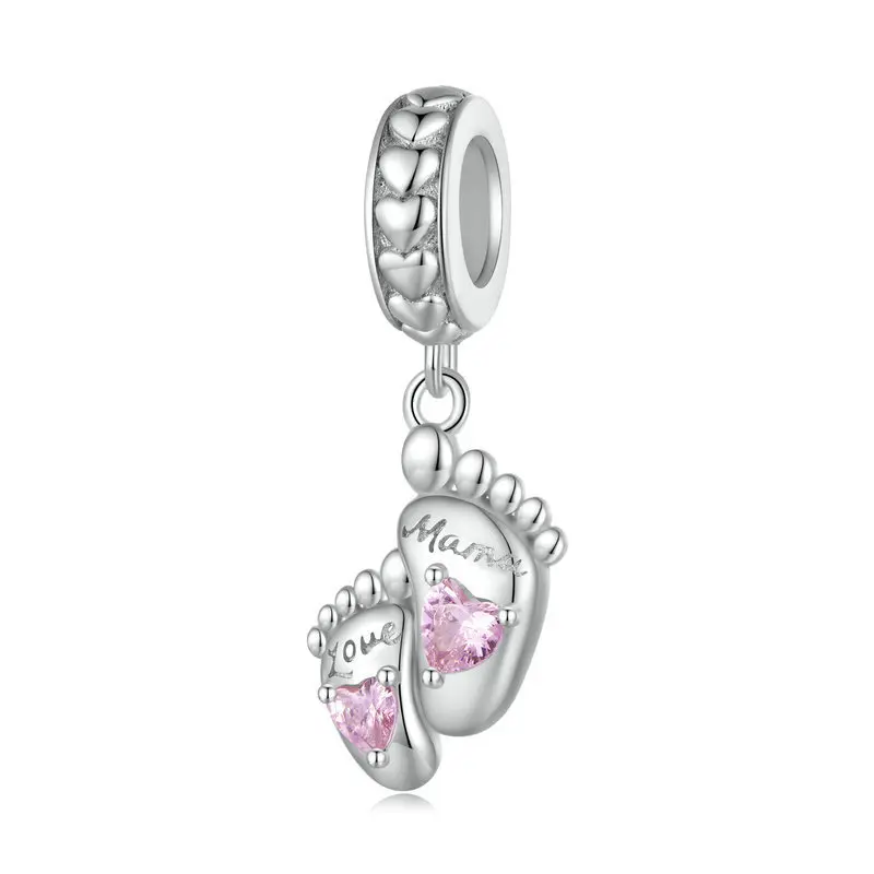 Mother's Day Gift 925 Sterling Silver Pink Cubic Zirconia Love Mama Baby Feet Charm Pendant For Bracelet Necklace