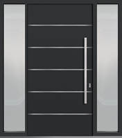 Porte d'entrée moderne en aluminium avec fenêtres latérales, bandes décoratives, isolation thermique et sécurité antivol