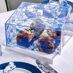 <strong>Blue</strong> Floral Acrylic Challah Box Toile Print Cake Dome Square Bread Cover White Base Shabbos Wholesale Judaica Custom OEM - Product Image 1