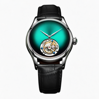 Montre mécanique tourbillon lumineuse 43 mm, cadran en cristal saphir, pierre naturelle, boîtier en acier inoxydable, bracelet en cuir 20 mm, luxe