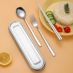 Ensemble de couverts portables en acier inoxydable 316, style coréen, fourchette, cuillère, baguettes, emballage en boîte, pour le camping en plein air, les voyages, les étudiants - Product Image 1