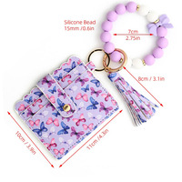Dompet Gantungan Kunci Kulit PU Motif Kupu-kupu, Tempat Kartu Identitas, Gelang Rumbai Manik Silikon, Gantungan Kunci Anti-Hilang